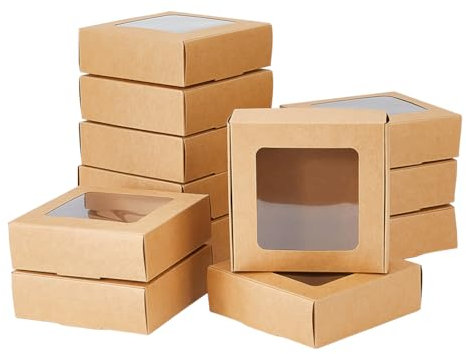 DICOSMETIC 12 große Kraftpapierbox Mit Fenster 4.92x4.92x1.5 Braune Bäckereiboxen Wiederverwendbar Aufbewahrungsbox Für Kekse Gebäck Cupcakes Dessertverpackungen