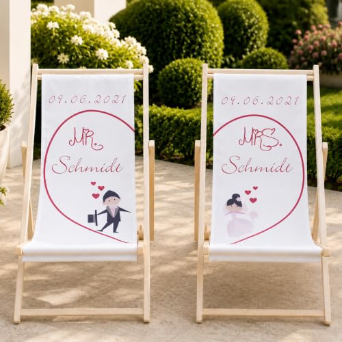 Krause & Sohn Personalisierte Hochzeits-Liegestühle Mr. & Mrs. 2 Stück – mit Wunschname & Hochzeitsdatum aus Buchenholz und 3-Fach verstellbar