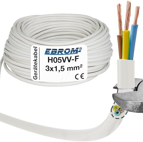EBROM - H05VV-F 3x1,5 mm² PVC Schlauchleitung, WEIß, Gerätekabel, 10 Meter | Flexibles Kabel RUND 3x1,5 mm2, 3-adrig, z.B. für Haushaltsgeräte Elektrowerkzeuge Verlängerung, mittlere Beanspruchungen