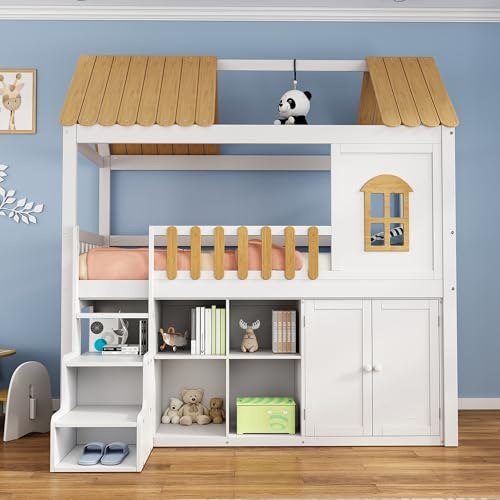 Litera, amplio espacio de almacenamiento, cama de madera, con armario, con ventana, marco de pino, con zapatero, escaleras seguras, diseño minimalista, barandilla estable, color blanco y natural, 90 x