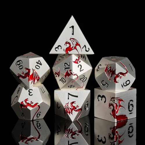 Metal Dice Set D&D, HNCCESG Polyhedral tärning 7-delad tärning drake metallisk DND tärning set för fängelsehålor och drake RPG bordsspel (matt silver röd drake)