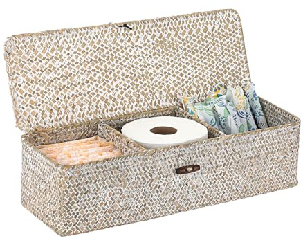IGNPION Panier de rangement en jonc de mer tissé à 3 compartiments avec couvercle, panier de bureau pour salle de bain, étagères et bureaux, boîte décorative en osier (blanchi)