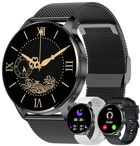JUBUNRER Montre Connectée Femme Homme Écran 1,34 HD Étanche Smartwatch Ronde avec Appel Bluetooth Podometre Marche Sommeil Cardiofrequencemetre Menstruel Cycle Cadeau- Android iOS [3 Bracelets]