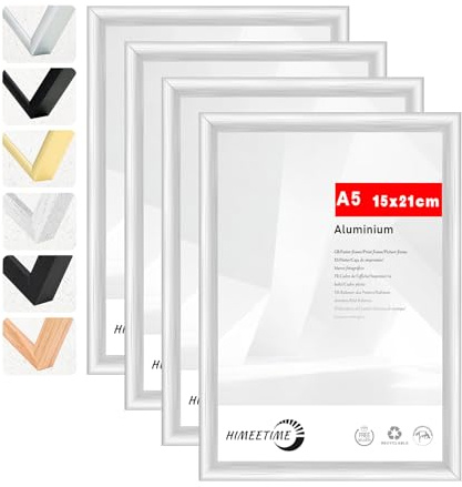 HIMEETIME® 4x Bilderrahmen DIN A5 14,8x21 cm Silber Metall Rahmen,Dokumentenrahmen 14,8x21 cm,Metallrahmen Alu-Bilderrahmen Poster Aluminium,Picture Frame A5 Fotorahmen