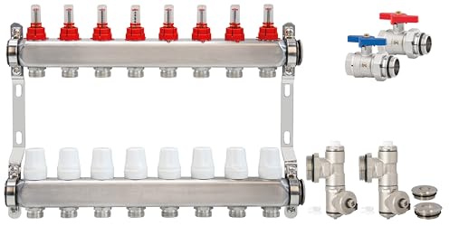 Heizkreisverteiler ¦ 4-12 Heizkreise ¦ Stellantrieb ¦ Fußbodenheizung ¦ Fußbodenheizungsverteiler aus Edelstal ¦ inkl. Entlüfter Set und Kugelhahn Set ¦ Heizung (10 Heizkreise)