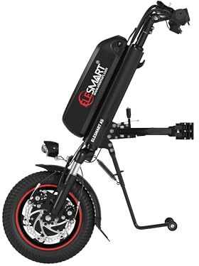 ELESMART A5 Elektrisch Rollstuhl Zuggerät, Elektrischer Rollstuhl-Antrieb zur Umrüstung von Manuell auf Elektrisch Rollstühle, 12,8 Ah, 36V 500W, Seitenanschluss, Schwarz