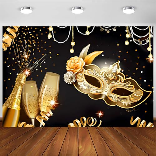 Hnmdmyi 3.6x3m Toile de Fond Mardi Gras Mascarade Fête Masque d'or Verre de Champagne Noir Photographie Fond Mardi Gras Carnaval Habillage Décorations de fête Bannière Photo Booth Accessoires