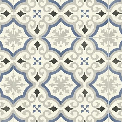 Sol Vinyle Textile Rénove - Effet Carreaux de Ciment arabesques - Bleu et Gris - Rouleau de 2m x 3.00m