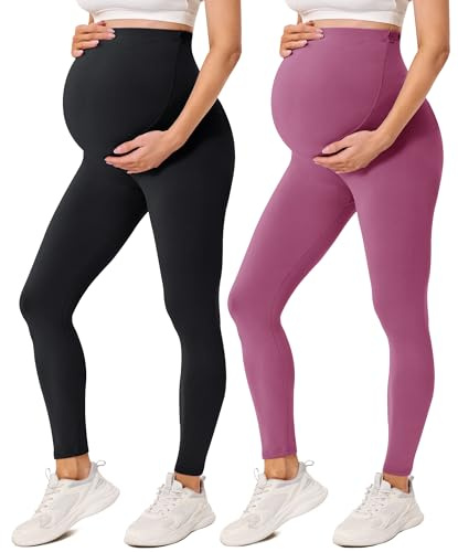 VALANDY Creamlush 2-pack kvinnor moderskap leggings över magen graviditet aktiv användning träning yoga tights byxor, 2-pack-svart/mörkrosa, M