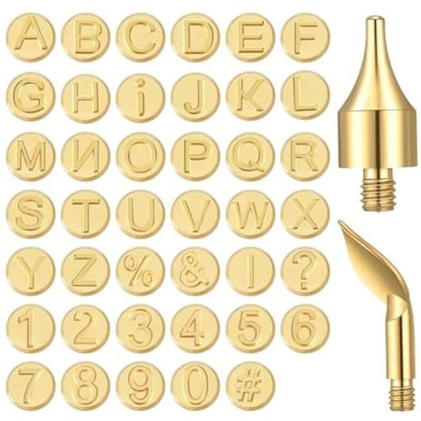 Reinscer 43 Stcs Holzbrennspitze Set Einschließlich Buchstabenzahlen Symbol Holzbrennspitze Gold für DIY -Prägen und Schnitzhandwerk
