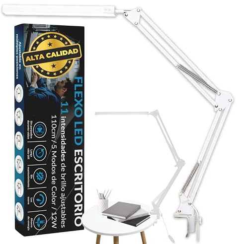 PRIME ESSENTIALS® Lampara Escritorio I Flexo LED | 110Cm 5 Modos de Color 12W | Función de Memoria I 11 Niveles de Brillo 1300 LM | Para Oficina Estudiar Salon | Candeeiro de Mesa I Color Blanco.