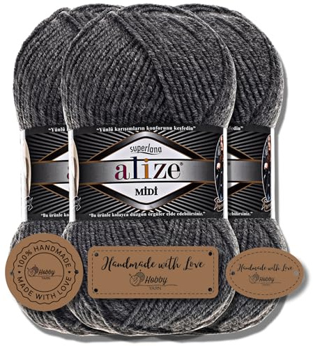 Hobby YARN 3x Etikettenlabel mit Alize Superlana Midi Wolle Premium 3x100g als Set, Yarn, Garn, Strickgarn, Einfarbig, Baby, zum Häkeln, Stricken, Kleidung, Schals (182)