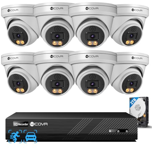 4COVR 12MP Überwachungskamera Aussen Set, 8CH NVR 2TB HDD, DLY97KAAM0808 | 8×12MP Dome PoE IP Kamera mit 2-Wege Audio, KI Personen-/Fahrzeugerkennung & Smart Farb-Nachtsicht, UHD NVR für Business