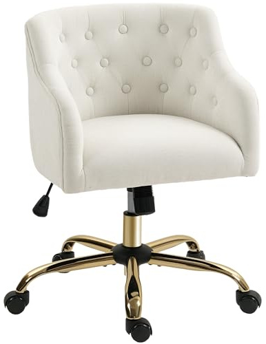 HOMCOM Homeoffice Stuhl, Schreibtischstuhl Drehstuhl Höhenverstellbarer Bürostuhl mit Wippfunktion, Leinenoptik, Schminkstuhl für Schlafzimmer, Arbeitszimmer, Beige