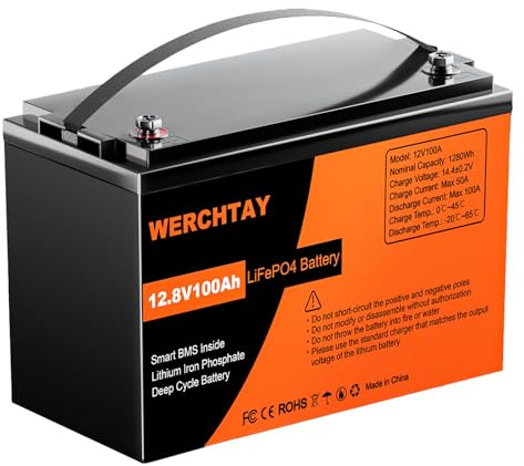 WERCHTAY Bateria Lifepo4 12V 100Ah, Bateria Litio Recargable, Baterías de Ciclo Profundo, Batería Coche 1280Wh con Sistema 100A BMS, 18000 Ciclos Para Sistema Placa Solar, Barco, Hogar, Camper (100ah)