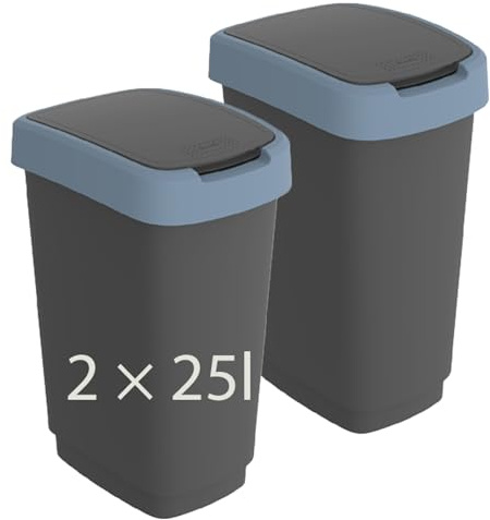 Rotho Twist 2er-Set Mülleimer Küche 25 L mit Deckel schmal Anthrazit/Blau | Papierkorb, Abfalleimer Küche, Mülleimer mit Deckel, Rotho Mülleimer, Schwing- und Klappdeckel, Mülltrennsystem Küche