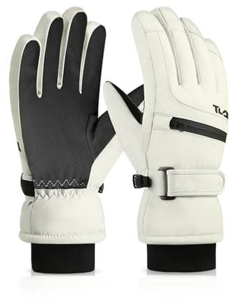 Feelorna Guantes de esquí impermeables para mujer, guantes térmicos de invierno a prueba de viento con bolsillo con cremallera para tarjetas, guantes antideslizantes para pantalla táctil de invierno