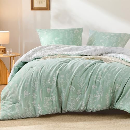 BEDSURE Bettdecke Ohne Bezug 240x260 - Bettdecken-Set für Allergiker | 1x Bettdecken, 2x Kissenbezug 40x70, 4 Jahreszeiten Waschbare Duvet, Ganzjahresdecke Set mit muster, Mintgrün