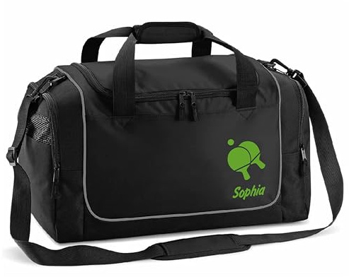 Sporttasche | SCHWARZ-GRÜN | mit Name personalisiert bedruck, Aufdruck hellgrün individuell Bedruckt Geschenk für Kinder & Erwachsene kleine Reisetasche Schulsport Geschenk Schulanfang (Tischtennis)