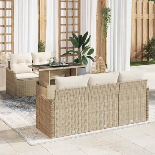 Runheo Gartensofa-Set, 6-teilig, Beige Poly Rattan, Modulares Loungesofa mit Kissen, Pulverbeschichteter Stahlrahmen, für Terrasse, Garten, Outdoor-Möbel