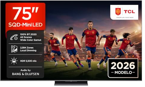 TCL 75C8L 75 Pulgadas SQD-Mini LED 4K HDR10+ Smart TV, 5.500 Nits | 2.584 Zonas de Atenuación, Dolby Vision IQ & Atmos, 144Hz, Diseño ZeroBorder, Audio by Bang & Olufsen