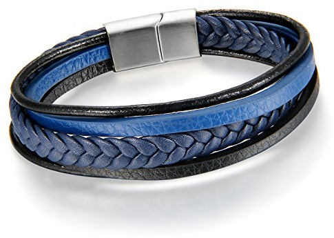 Cupimatch Men's Stainless Steel Magnetic Clasp Multi-Layer Black Blue Braided Leather Rope Bracelet Cuff