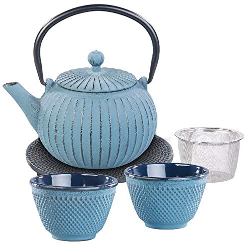 Rosenstein & Söhne Teeservice Gusseisen: Asiatische Teekanne, Untersetzer und 2 Becher aus Gusseisen, blau (Teeservice mit Kanne, asiatisch, Guss)