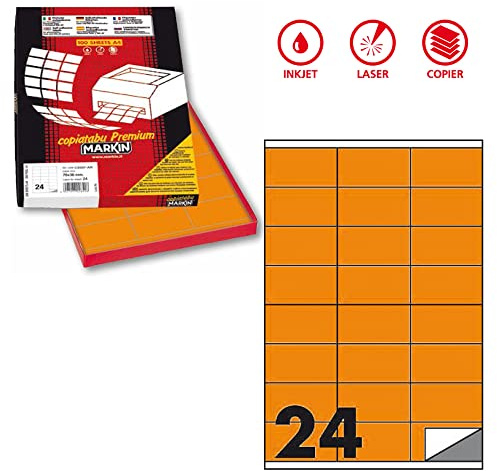 Etichetta adesiva C/500 arancio fluo 100fg A4 70x36mm (24et/fg) Markin