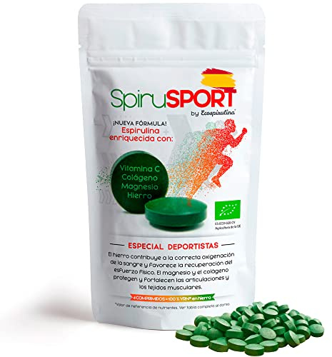 SpiruSPORT - Espirulina Ecológica 200 comprimidos - suplemento Proteína, enriquecida con Colágeno Marino Hidrolizado, Magnesio, Hierro y Vitamina C - Suplemento deportivo natural de alto rendimiento