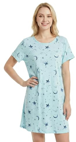 CHUNG Women Short Sleeved Soft Cotton Nightdress Ladies loose fit Nighties Animal Floral Print, Blue Star, XL