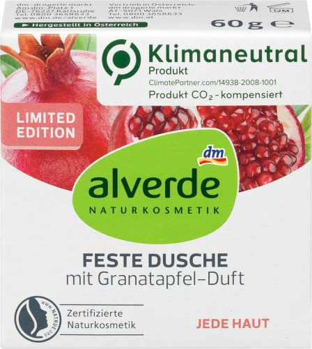 alverde Naturkosmetik feste Dusche Granatapfel schonende Körper-Reinigung mit Sheabutter & Kakaobutter für seidig-weiches Hautgefühl & Extra-Feuchtigkeit mit Bio-Kokosöl, fruchtig-frisch, vegan, 100 g