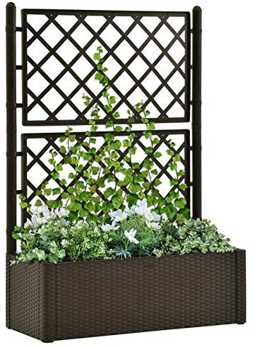 Mogou Garten-Hochbeet mit Spalier und Selbstbewässerungssystem, Pflanzkübel, Kräuterbeet, Hochbeete-kit, Schneckenzaun, Pflanztrog, Pflanzgefäße, Pflanzfolie Für Hochbeet,Teichbecken, Mokka