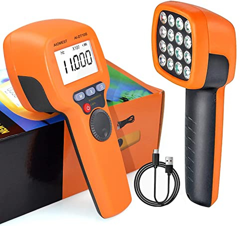 Digitales LED-Stroboskop RPM Messgerät, AIOMEST Berührungsloser Drehzahlmesser 60-99.999 U/min, Hochpräzise 0,001% mit Einstellbarer Blitzfrequenz, Tachometer für Motor, Lüfter, HVAC, KFZ