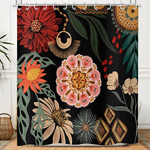 Hnmdmyi Duschvorhang Schwarz Boho Blumen 180x180, Vintage Abstrakt Bohème Blume Botanisch Badewanne Vorhang Mid Century Modern Ästhetisch Retro Wasserdicht Polyester Stoff Waschbar Badevorhang