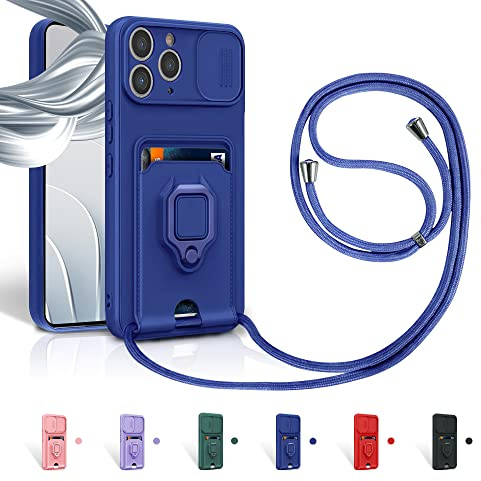 Aithne Case für iPhone 11 Pro Handykette Hüll,Slide kameraschutz,Silikon Handyhülle zum Umhängen Kette,360 Grad Ringhalter Stand Kartenfach-Blau