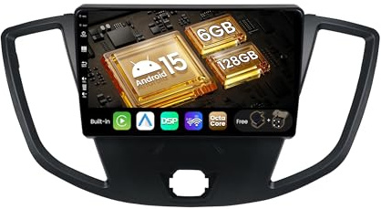 SXAUTO Android 15-6G 128G – bilradio för Ford Transit Tourneo Custom (2013–2019) – Trådlös CarPlay Android Auto – kamera + MIC – DAB rattkontroll dubbelband WiFi fast båt – 2 Din IPS 9 tum