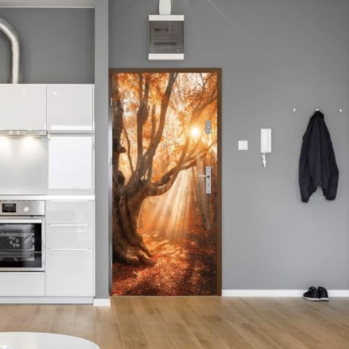 3D Porta D'Arte Fotomurali Adesivi Autoadesivi - Foglie Cadute Dell'Albero Di Rosso 90 X 210 Cm - Peel And Stick Vinyl Decalcomanie Per Porte Impermeabili Carta Da Parati Per Porte Rimov 0