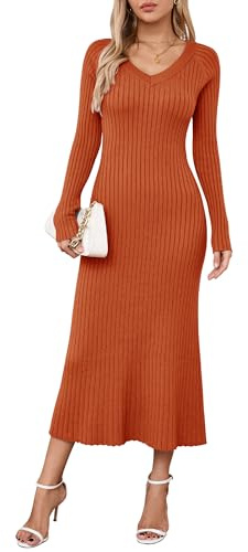 Arach&Cloz 2025 Vår Dam V-ringad Långärmad Fiskstjärttröja Klänning Ribbstickad Smal Passform Bodycon Midiklänning, Rost, S