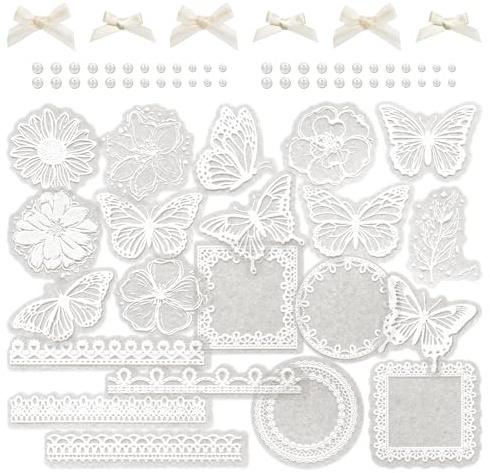 Lot de 4 autocollants décoratifs vintage en forme de fleur blanche et papillon en dentelle pour scrapbooking, papier washi, autocollant en mousse esthétique (Mist)