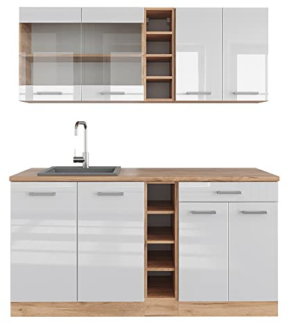 Vicco Singleküche R-Line, Weiß Hochglanz/Goldkraft Eiche, 160 cm | 6 Module · Höhenverstellbare Füße · AP Eiche inkl. · Robuste Fronten · Mit offenen Regalen · Frei kombinierbar