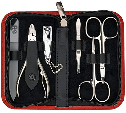 DREI SCHWERTER - 6-tlg. Nagelset 'Verona' | Umfassendes Maniküre- und Pediküre-Set in rotem Echtleder-Etui | Inhalt: Nagelschere, Hautschere, Nagelknipser, Glasnagelfeile, Pinzette, Nagelzange