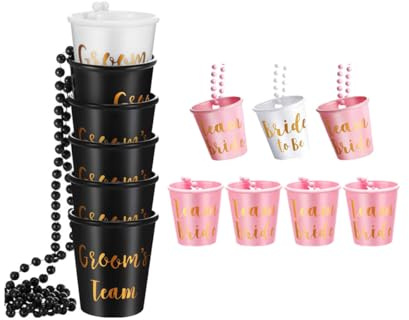 FONGKNOX 12 PCS Shot Glass Necklace Chain Set - Plastic Bride and Groom Team Shot Glasses for Bridal Party Decorations