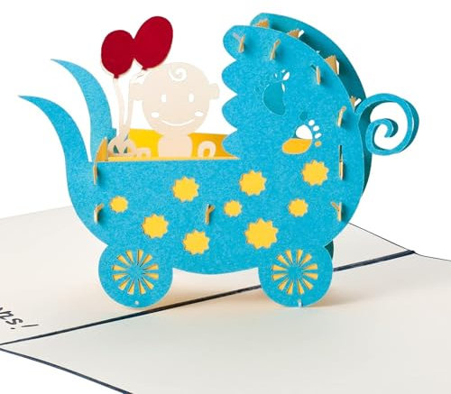 Pop-Up Karte Geburt Kinderwagen - Neutrale 3D Geburtskarte für Mädchen & Jungen, Glückwunsch zum Baby, Glückwunschkarte oder Geldgeschenk zur Geburt, Handgemachte Babykarte,Glückwunschkarte Baby, edel