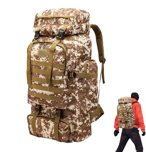 Generisch Zaino da trekking impermeabile da 80 l, per trekking, campeggio, caccia, attività all'aperto e avventure all'aria aperta, motivo militare, colore sabbia, Siehe Beschreibung