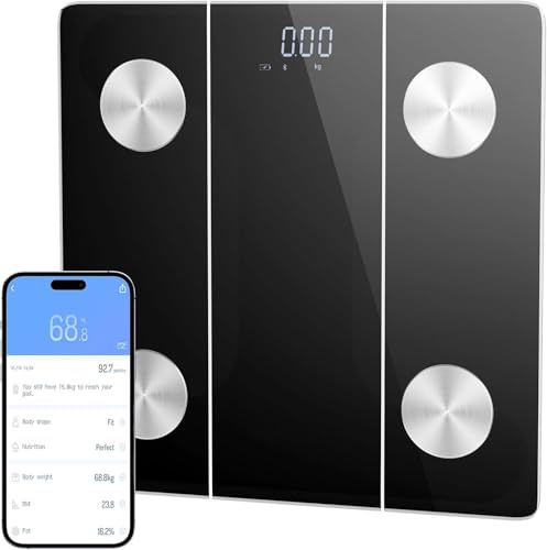 Elevon Smart Scale for Body Weight, Digital Bathroom Scale with LED Display, 12 Body Composition Metrics, Body Fat BMI Health Monitor, Bluetooth Sync with Apps, 400lb Capacity, Tempered Glass, Black