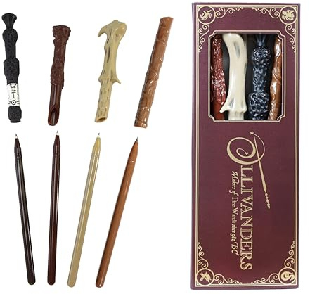 Harry Potter presenter stav penna set med 4 – samlarobjekt brevpapper present till fans | 4 trollstavspennor, slätt svart bläck, Harry, Hermione, Dumbledore & Voldemort, officiella licensierade varor