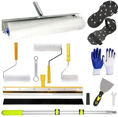OIHYA Self-Leveling Cement Tool Kit, Stainless Steel Scraper Self-Leveling Rake, Spike Roller, Floor Construction Roller, Spiked Shoes, Telescopic Pole for Beginners, Professionals
