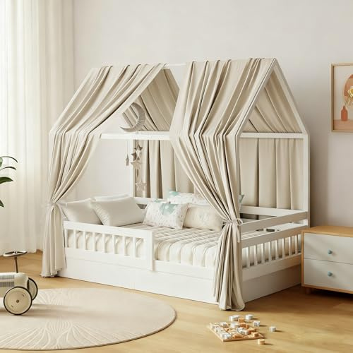 GFCC Ciel de Lit Cabane Ensemble de Décoration avec 2 Pièces Rideaux Lit Cabane Enfant Baldaquin Ciel en Tissu de Maison Chambre pour Fille Garçon,125 x 350 cm Camel