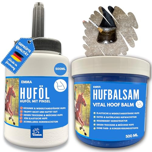 EMMA Huffett Pferd & Huföl Pferd 2X 500 ml I Hufbalsam für Pony gesunde Hufe I Huföl Pferde mit Pinsel - Hufpflege Pferd gegen trockene Hufe & Strahlfäule Mittel I Huf Fett Strahlmittel