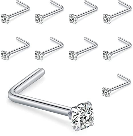 Liuxn 10 Piece Curved Nose Stud Steel Nose Ring Cubic Zirconia L Bend Bar Piercing Jewelry, 20 Gauge